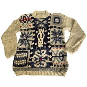 VTG 90s Chunky Knit Grandma Sweater Granny Square Patchwork Snow Women M Blue